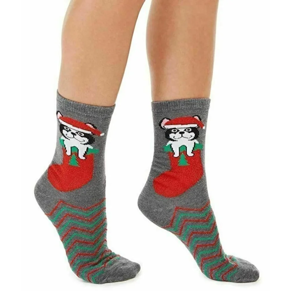 Charter Club Womens Sock Size 9-11 Christmas Frenchie Dog in Stocking Crew Socks